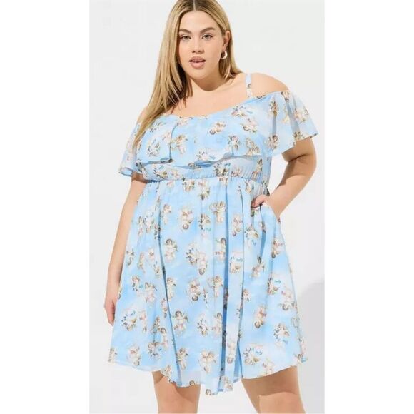 Torrid 1 Chiffon Cupids Chapel Angels Cold Shoulder Mini Dress 1x 14‎ 16 NWT - Picture 1 of 11